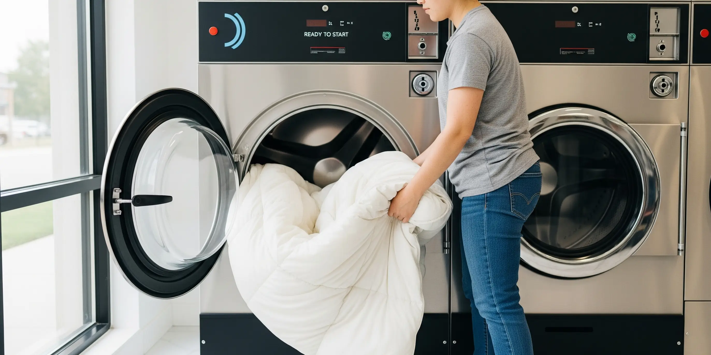 A Person Easily Loading A Large, Fluffy King Sized Comforter Into The Door Of A Spacious, Modern Commercial Washing Machine.